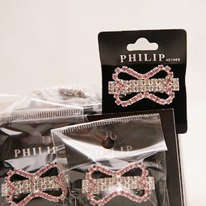 Four Rhinestone Barrette Bow Clear Pink Hairclip Yorkie Poodle Shih tzu …